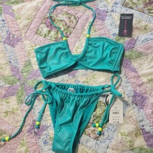 NWT No Bundaries Teal String Bikini Set with Bead Accents